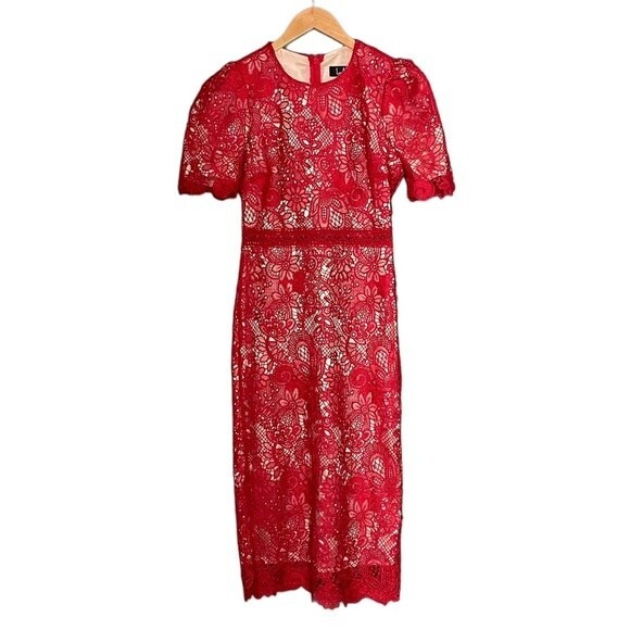 Lulu's Dresses & Skirts - NWT Lulus Red Crochet Lace Amore Fitted Midi Dress Size XS Wedding Guest NEW